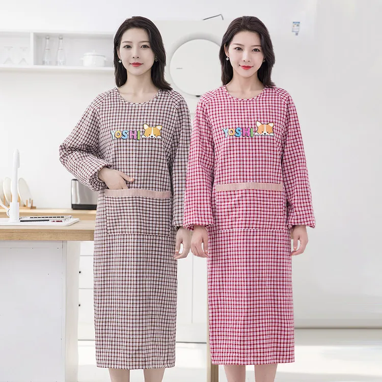 棉布加长加宽款时尚家用长袖围裙厨房做饭透气罩衣上班防污工作服