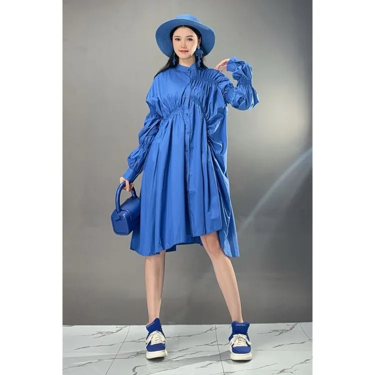 2024年冬季新款立领纽扣长袖不规则潮流百搭褶皱时尚中长款连衣裙