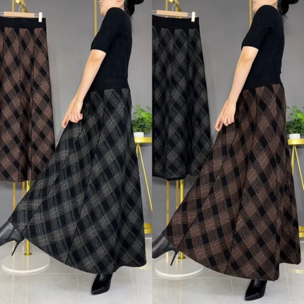 厚款格子高腰半身裙松紧腰显瘦百搭中长款大摆时尚半身裙910
