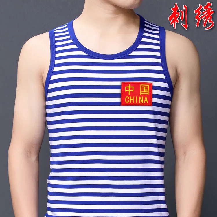 夏季刺绣背心男海魂衫无袖T恤蓝白色横条纹透气吸汗运动套头马甲