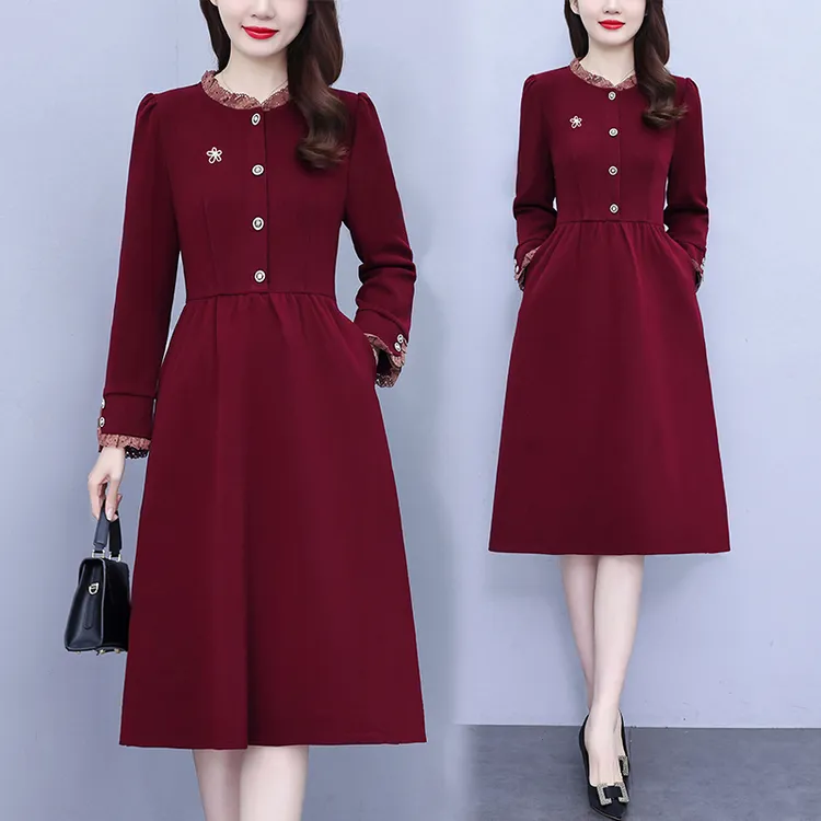 2025年春季女装连衣裙时尚气质酒红色遮肚子收腰显瘦修身裙子