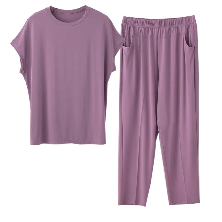 夏季中老年女士薄款妈妈装运动加肥加大码圆领休闲莫代尔宽松套装