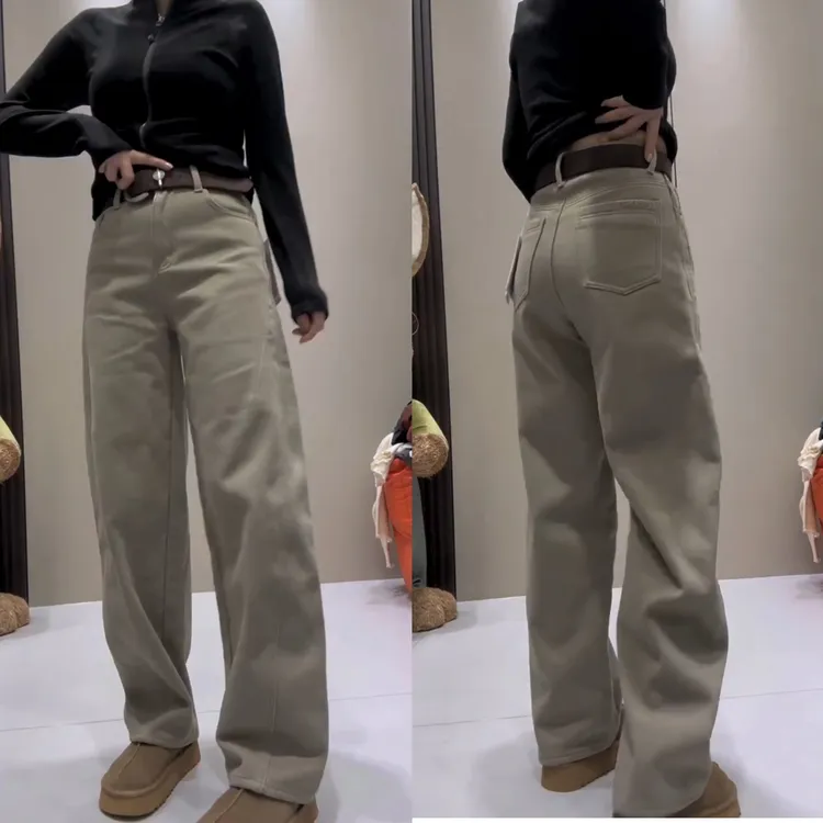 显瘦阔腿牛仔裤子女秋冬新款胖mm大码弯刀加绒加厚直筒拖地裤