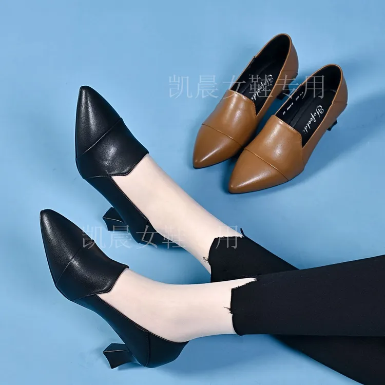 2025年新款真皮女鞋春夏单鞋女尖头高跟软皮工作鞋中跟百搭小皮鞋