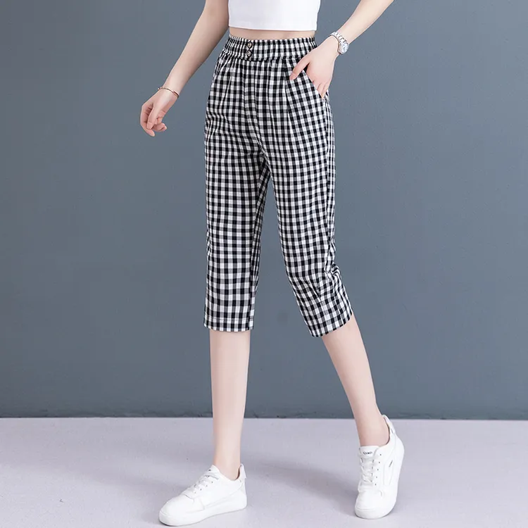 黑白格子裤女休闲七分裤夏薄款哈伦裤2024新款显瘦松紧高腰马裤子