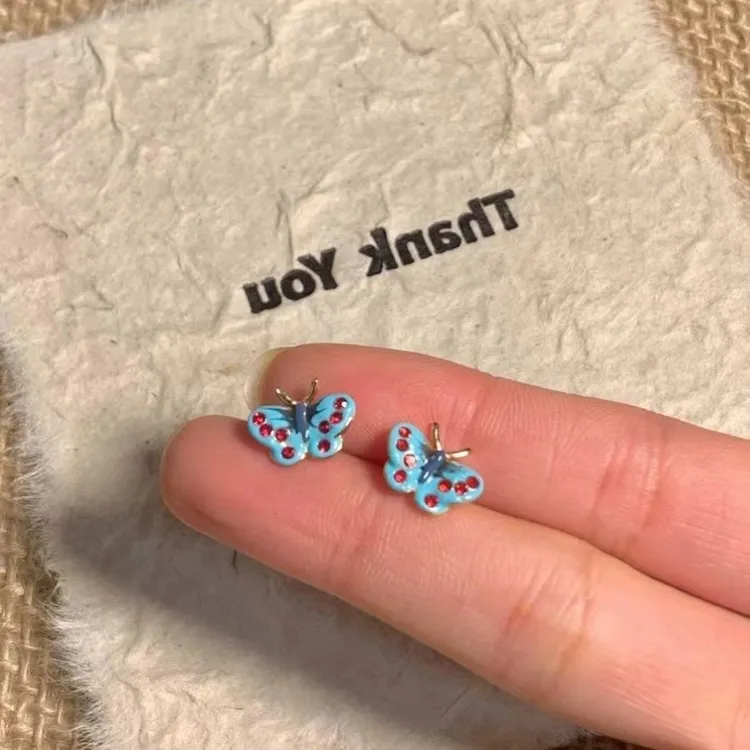合金耳饰 滴釉蓝色蝴蝶耳钉女耳环轻奢小众高级感可爱甜美ins耳饰