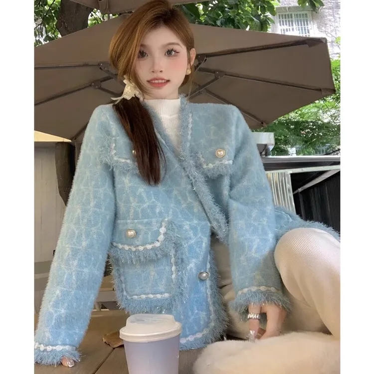 白色流苏v领小香风外套女春秋高级设计感宽松百搭仿水貂长袖上衣