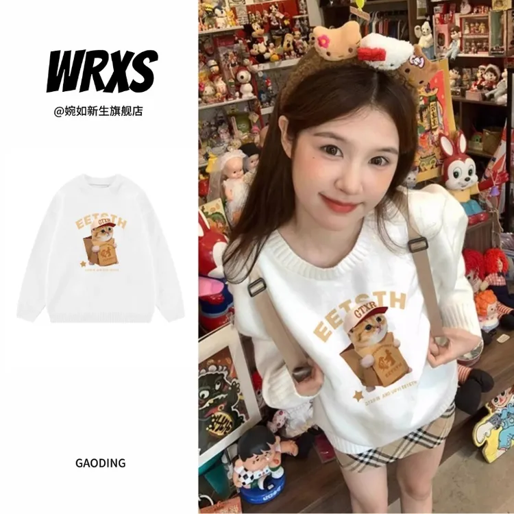 【婉如新生】韩版学院风白色圆领毛衣女卡通印花别致秋冬厚款针织衫
