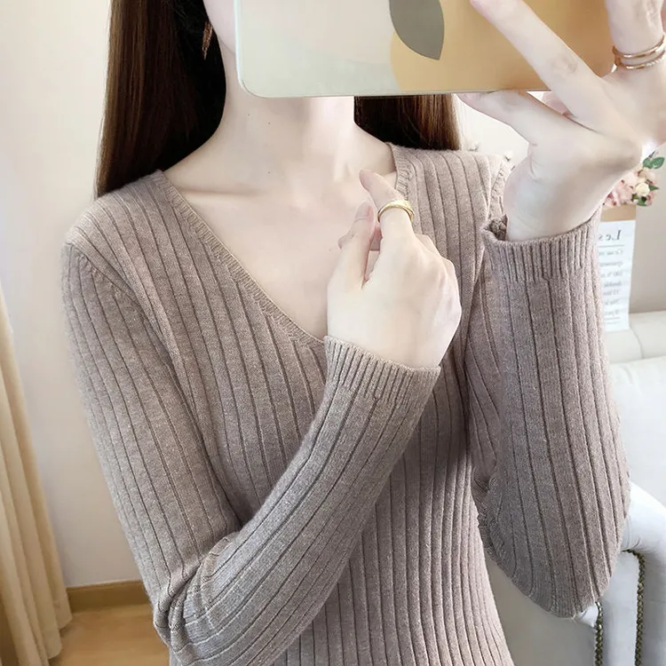 V领套头针织衫上衣女内搭2024新款春秋百搭洋气修身毛衣打底衫