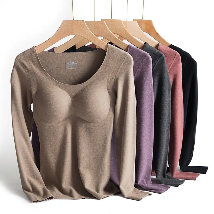 双面德绒无痕保暖内衣女带胸垫自发热加厚加绒秋衣内穿修身打底衫