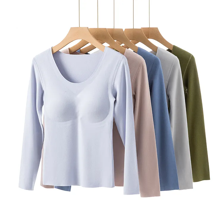 德绒保暖内衣上衣女士带胸垫加绒加厚发热打底衫无痕秋衣秋裤冬季