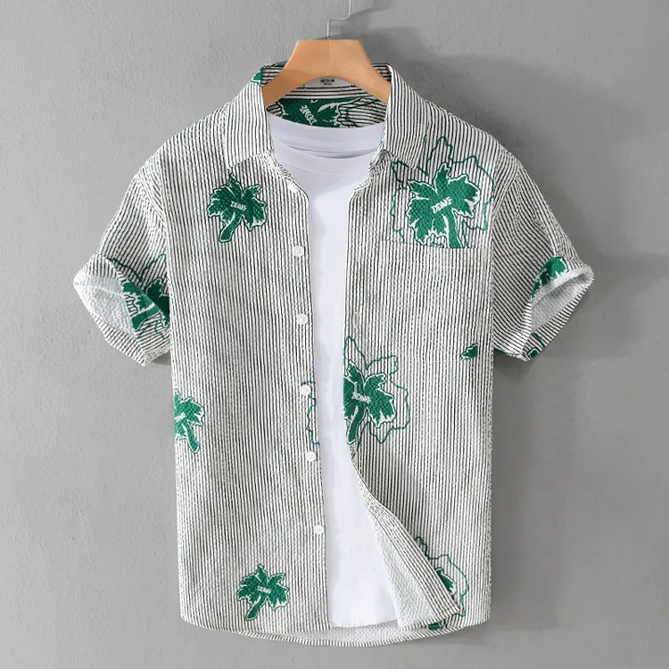 夏季男装条纹印花短袖衬衫潮流气泡肌理舒适百搭流行痞帅衬衣