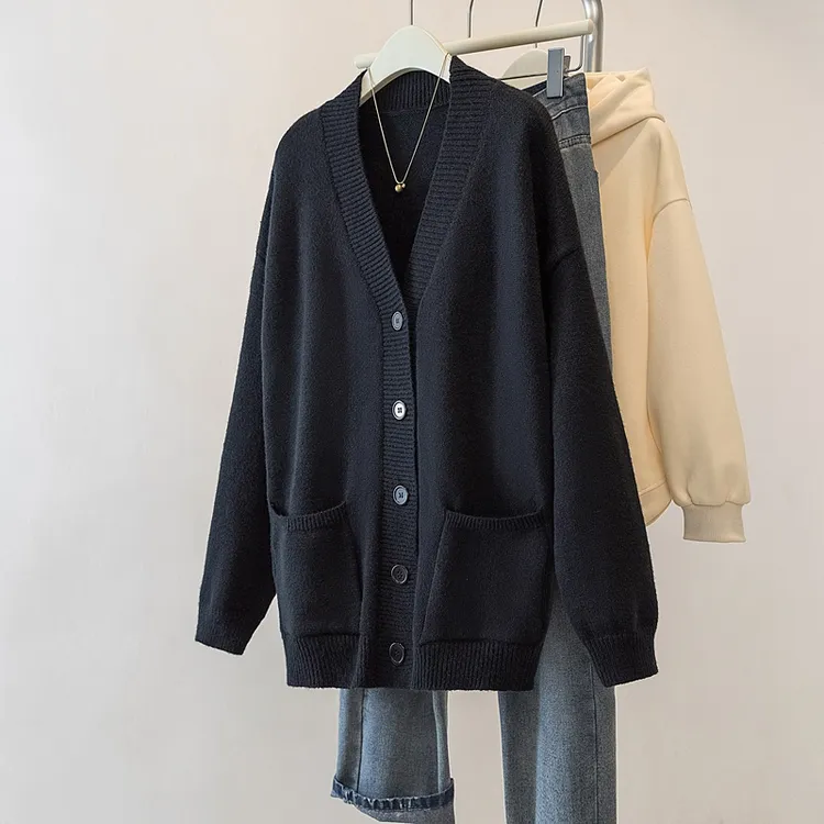 软糯宽松慵懒高级感毛衣外套大码女装秋冬黑色v领中长款针织开衫