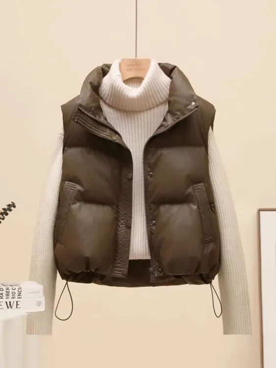 秋冬季2025羽绒棉服马甲女PU皮免洗立领宽松短款外穿洋气坎肩外套