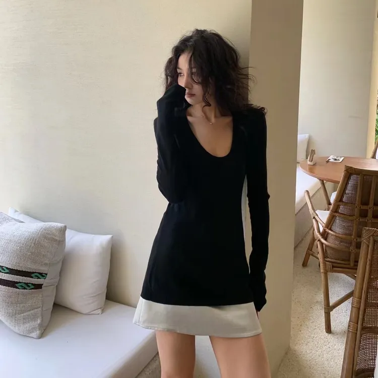半身裙女夏季2025新款内搭修身显瘦正肩长袖上衣辣妹U领打底衫女