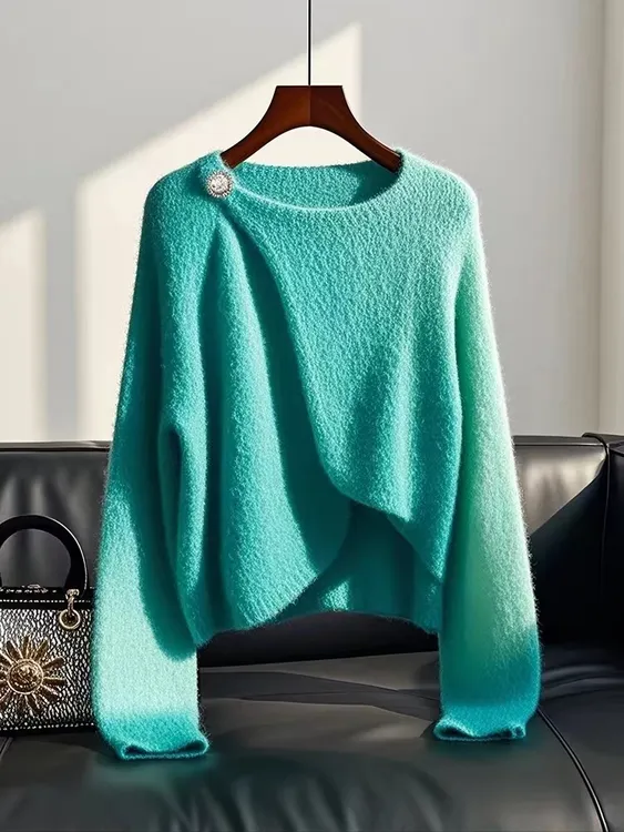 SS858今年流行宽松上衣小众设计感别致绝美法式时尚青色针织衫