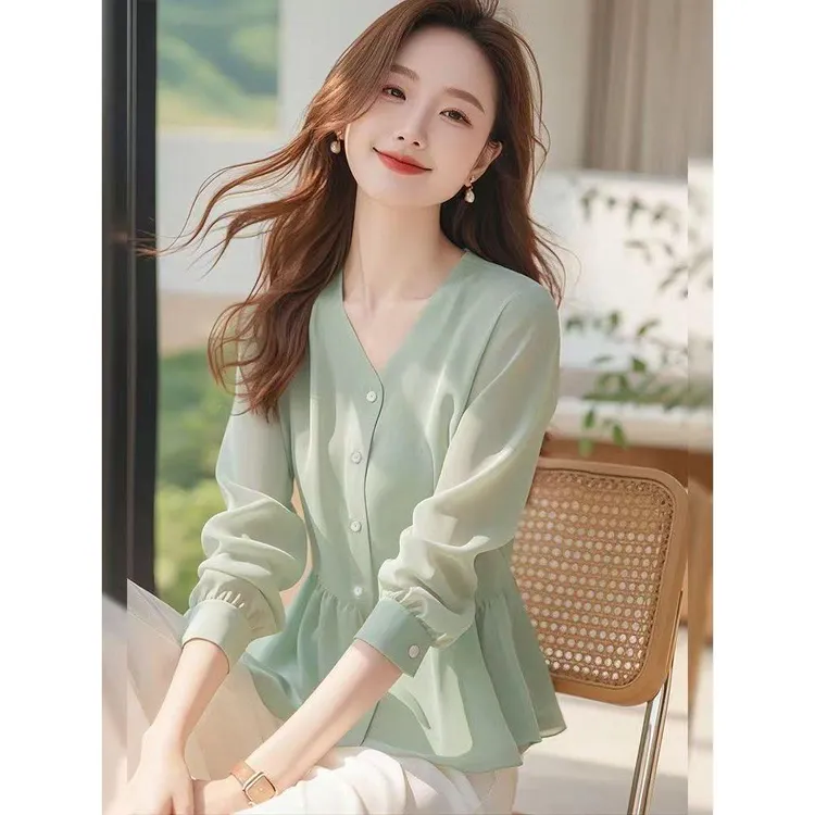 SS3998早秋洋气高端别致遮肚子雪纺衬衫超好看绿色法式绝美小上衣