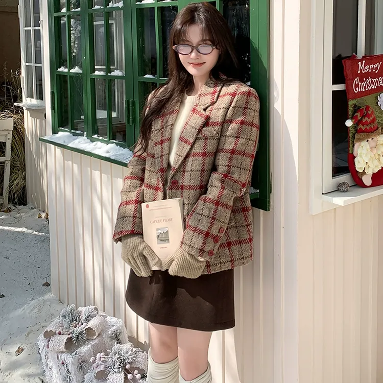 加棉粗织西服外套舒适保暖时尚设计小个子气质百搭秋冬短款