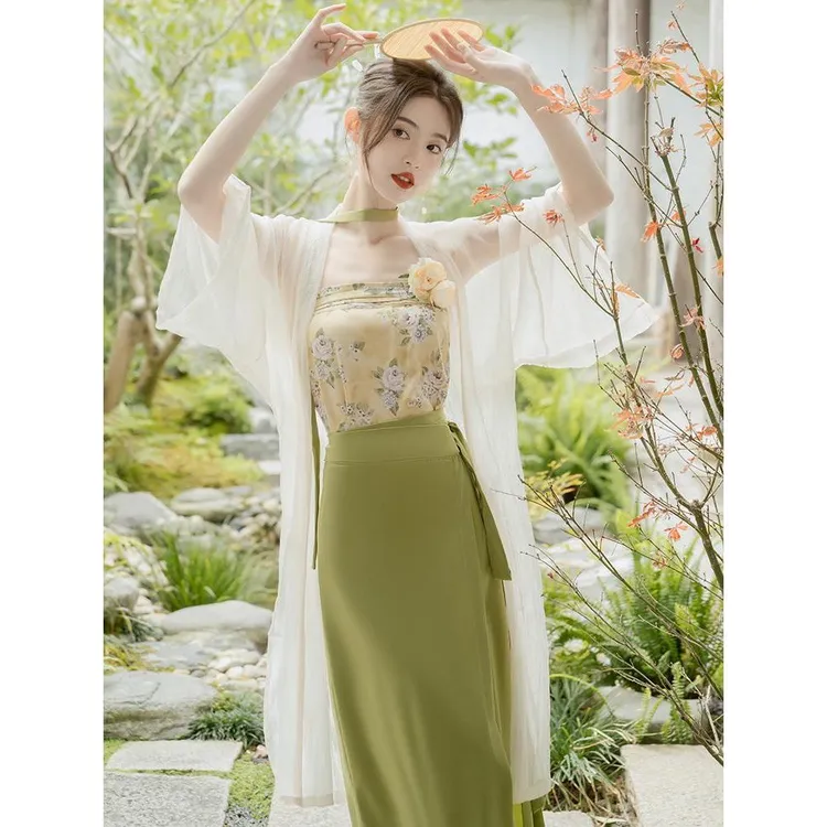 新中式女装改良版汉服国风禅意素衣穿搭旗袍三件套装连衣裙子夏季