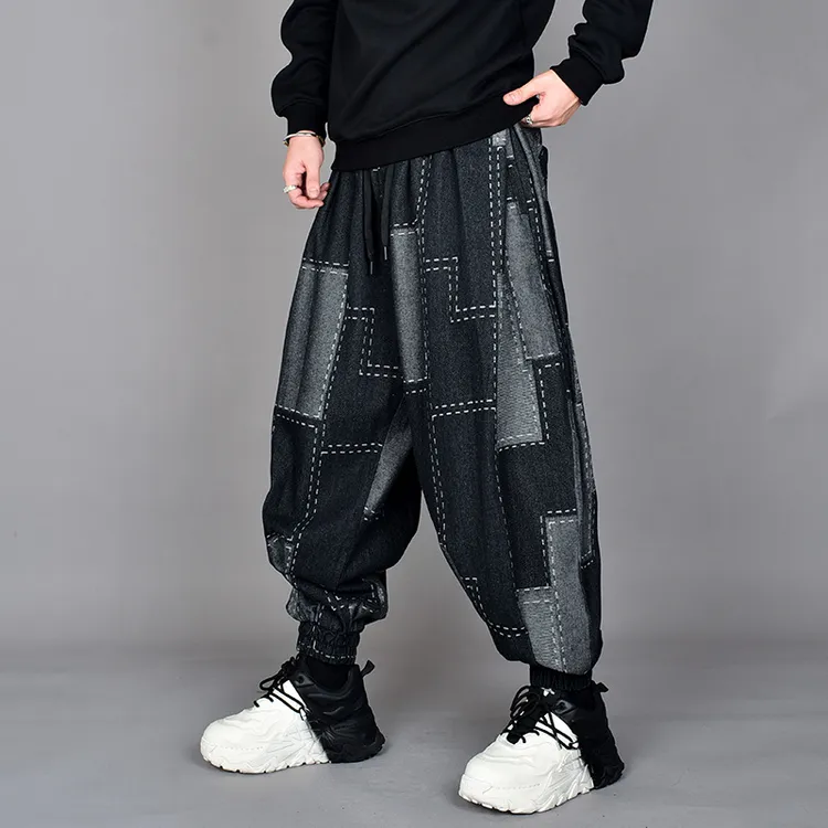 灯笼裤男大码个性设计撞色拼接宽松格子裤子冬季束脚休闲哈伦裤
