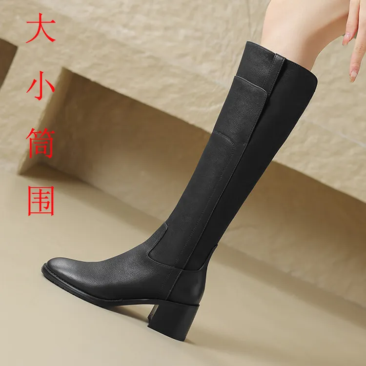 牛皮6cm气质高跟鞋后V口高筒靴女粗跟侧拉链小个子不过膝马丁靴子