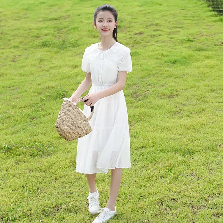 女童连衣裙夏季2025新款初中生洋气儿童公主裙大童夏装白色长裙子