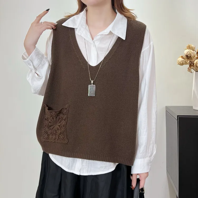 复古棉线针织马夹女士新款文艺百搭时尚宽松纯色休闲无袖外穿上衣