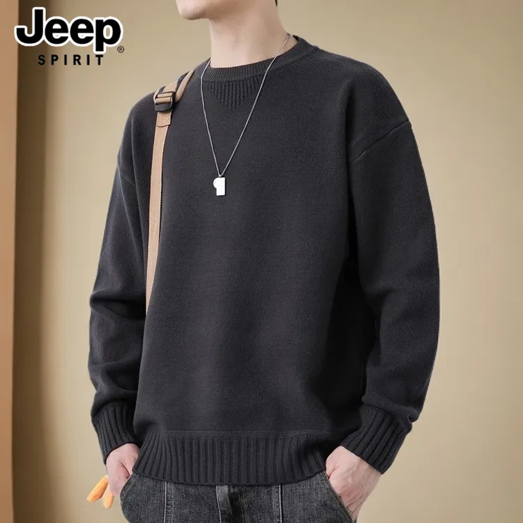 吉普圆领毛衣男士秋冬季潮牌慵懒风线衣休闲打底针织衫男宽松潮流