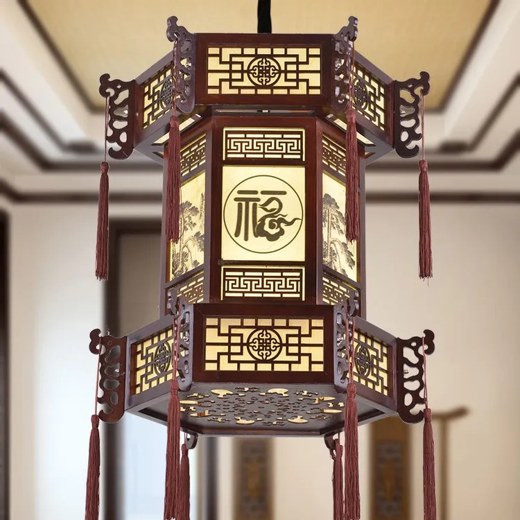 中式复古宫灯笼古典实木羊皮吊灯宫廷城楼大门头中国风六角红灯笼