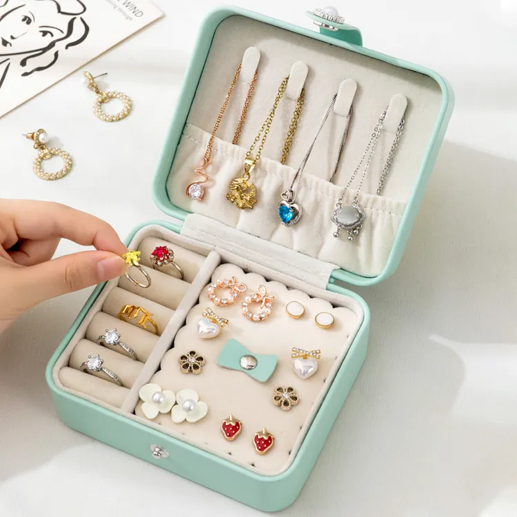 首饰盒/箱 经典皮革便携式首饰饰品收纳盒耳环耳钉戒指项链收纳盒