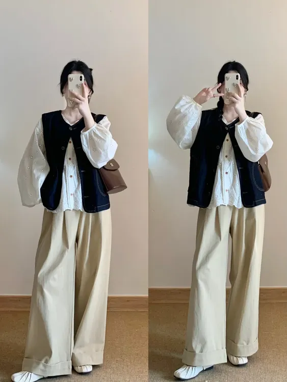 入秋一整套女时尚复古圆领宽松牛仔马甲背心搭配衬衫休闲裤三件套