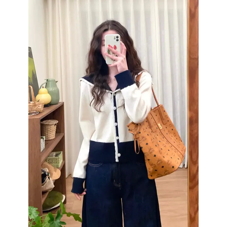 秋装搭配一整套学院风海军翻领短款针织开衫女高腰牛仔阔腿裤套装