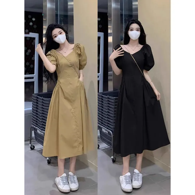 大码女装夏季新款法式茶歇方领泡泡袖连衣裙女胖妹妹气质收腰长裙