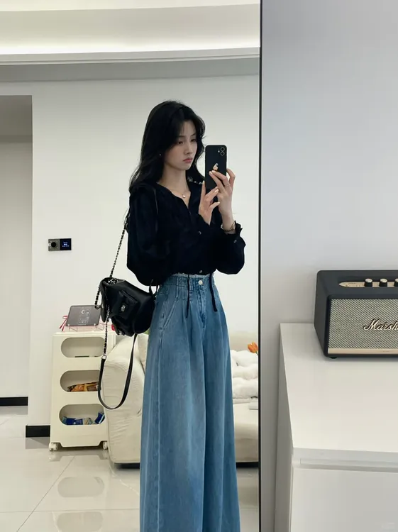2025春季新款韩版宽松百搭木耳边复古V领衬衫女显瘦阔腿牛仔裤子