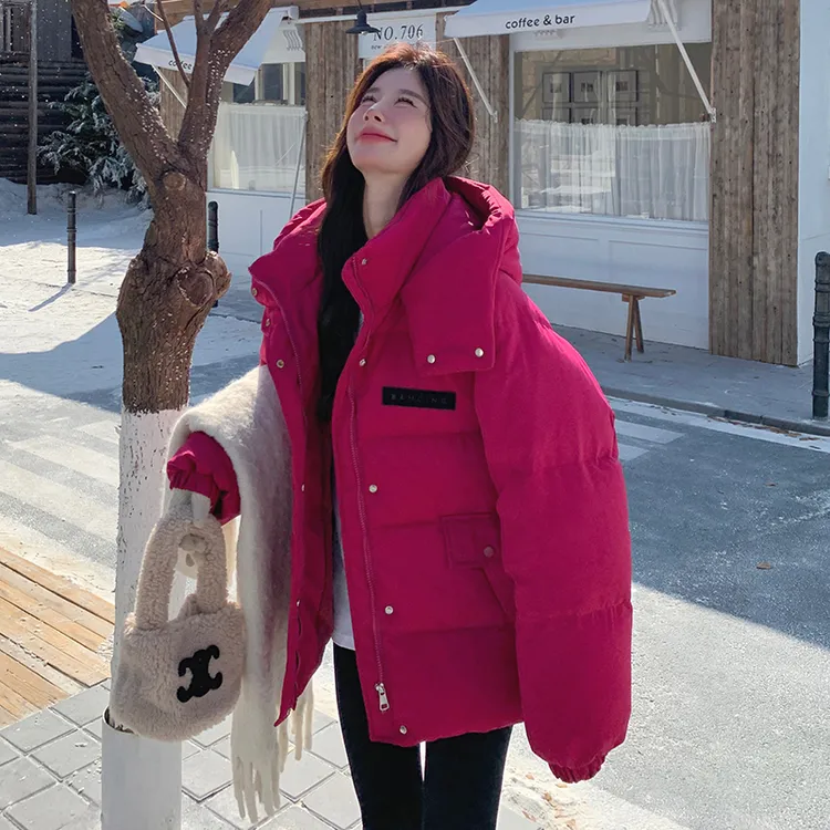 红色连帽短款保暖棉袄服女2024冬季新款韩系宽松加厚面包服棉衣