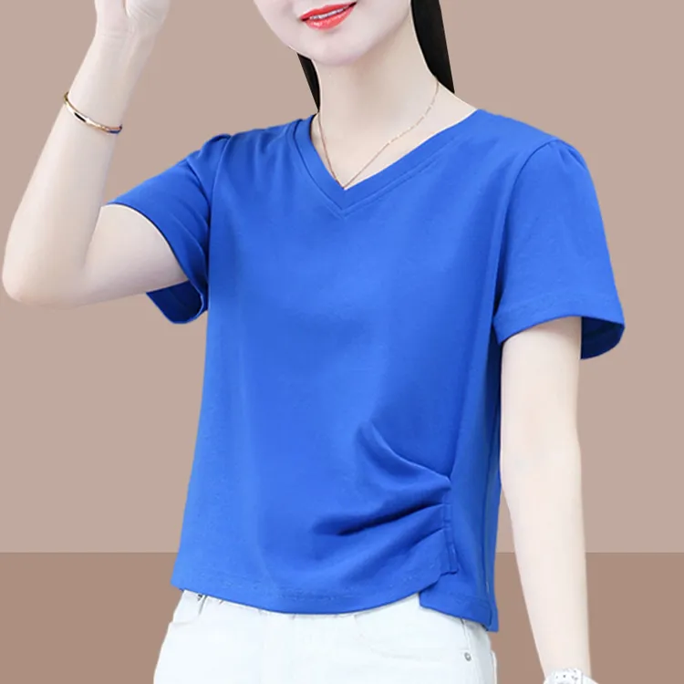 2025年夏季新款女士短袖T恤V领短款上衣设计感小众爆款休闲洋气潮