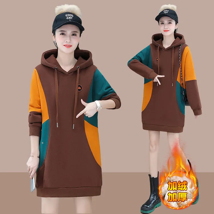 秋冬中长款加绒加厚卫衣女遮臀连帽2025新款爆款洋气拼接宽松上衣
