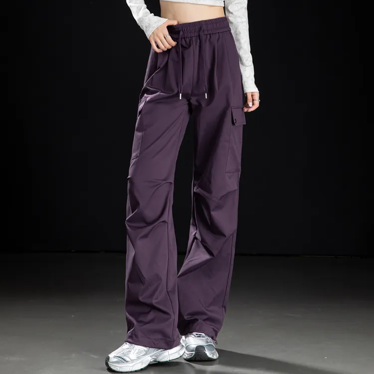 加绒裤子女2025新款秋冬紫色工装裤女酷飒风窄版直筒裤户外阔腿裤