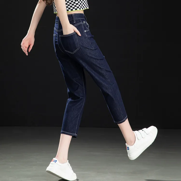 不掉色牛仔裤女2025年新款夏季薄款八分哈伦裤女小个子深蓝色裤子