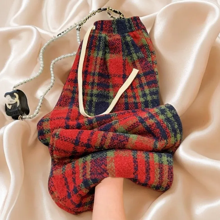 【时尚宽松休闲百搭撞色加绒格子阔腿裤】女秋冬新款慵懒风加厚长裤