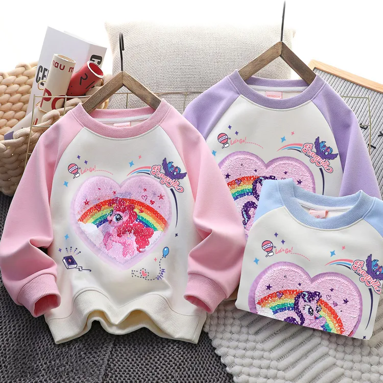 秋冬季女童卫衣撞色洋气韩版亮片变脸卡通小马长袖女孩中大童加绒