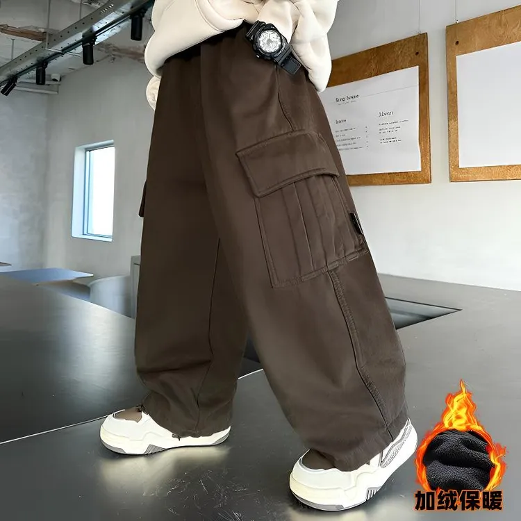 男童工装裤加绒加厚一体绒秋冬中大儿童装冬装裤子2025冬季新款潮