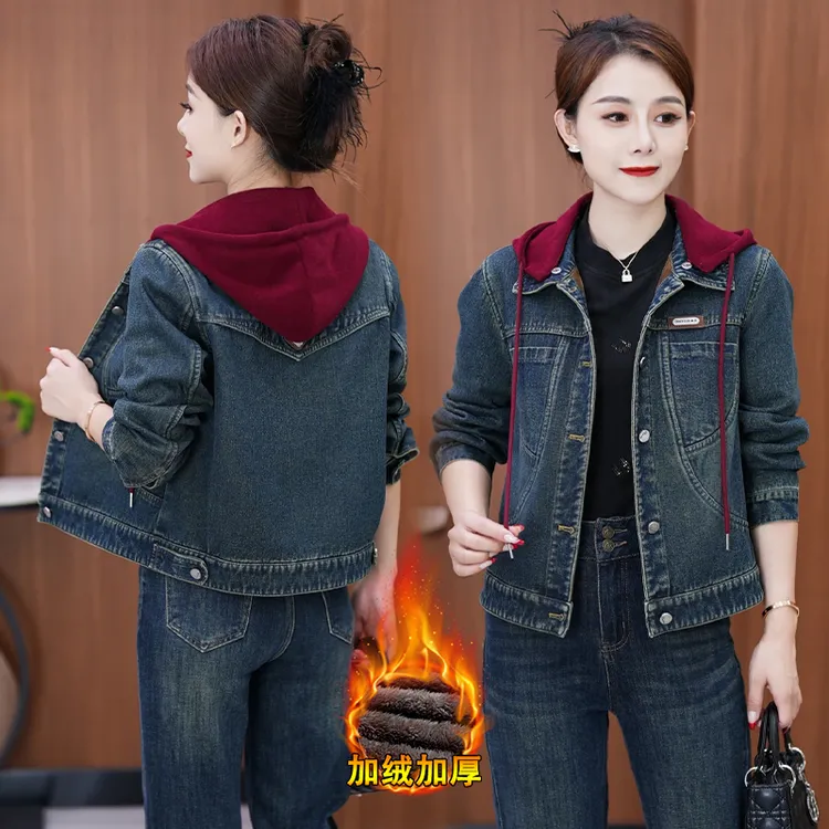 加绒加厚连帽牛仔短外套女2025冬季牛仔女装冬季款2025年新款外套