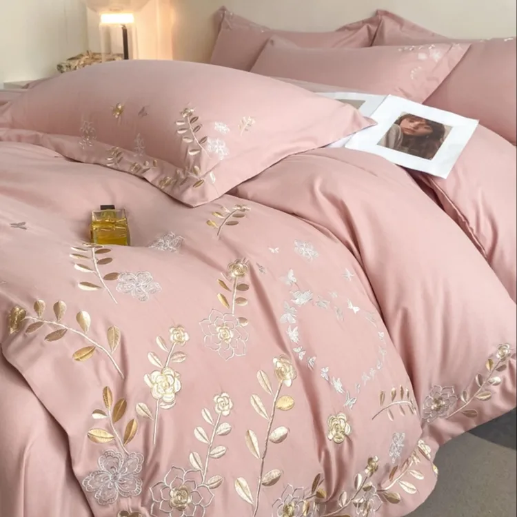 富安娜高端轻奢120支纯棉四件套花卉绣花被套床笠亲肤裸睡非全棉.