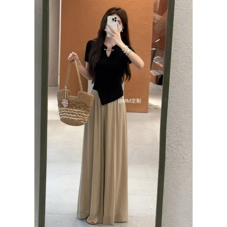 【曼城记忆】复古新中式2024夏季新款显瘦不规则短袖+新中式套装