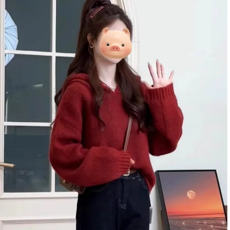 2025春秋穿搭红色连帽套头毛衣女秋冬季小香风气质软糯针织衫上衣