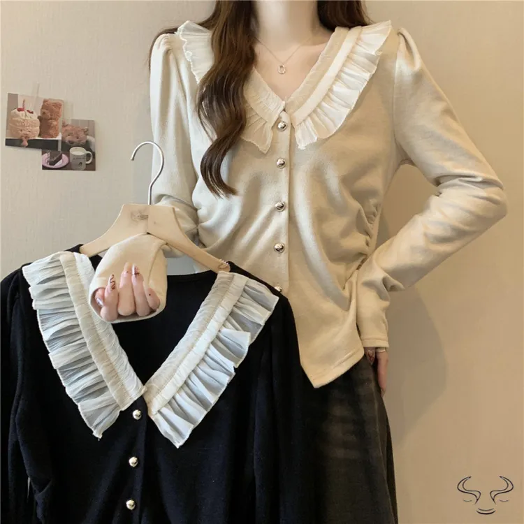 大码胖MM复古撞色荷叶边领长袖抽褶加厚设计感显瘦小开衫