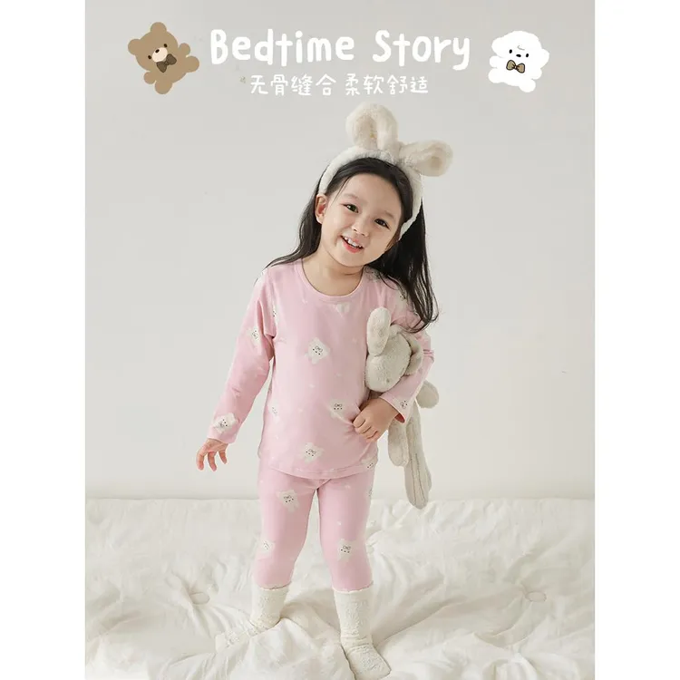 幼悠女童无骨缝合家居服小女孩秋衣秋裤套装儿童睡衣秋冬款Q3182
