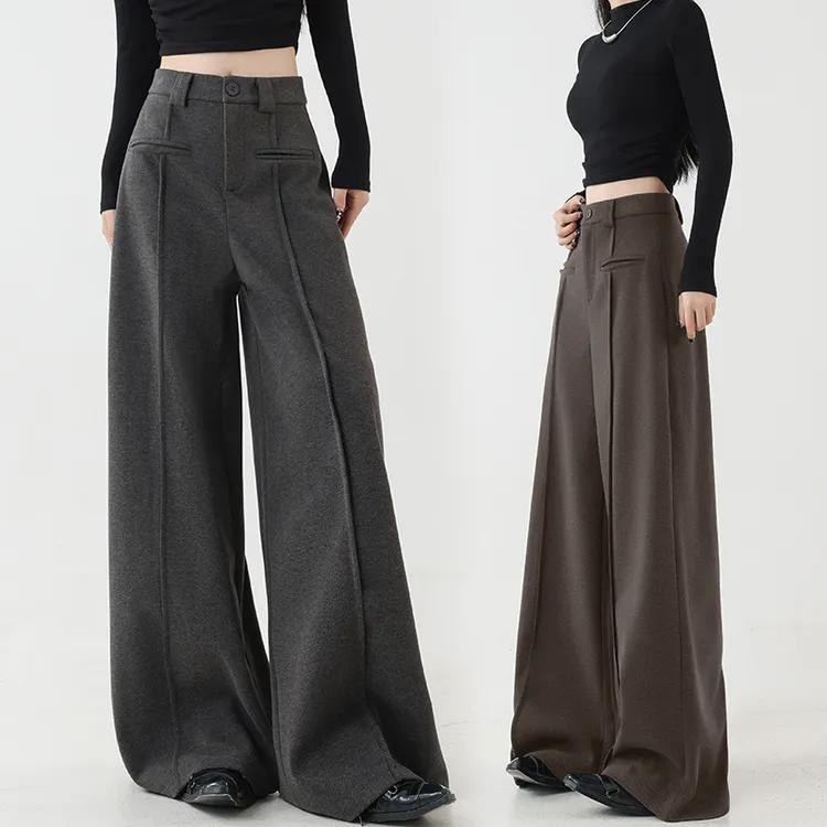 外穿2024年秋冬新款宽松高腰毛呢阔腿裤窄版西装裤加绒休闲拖地裤