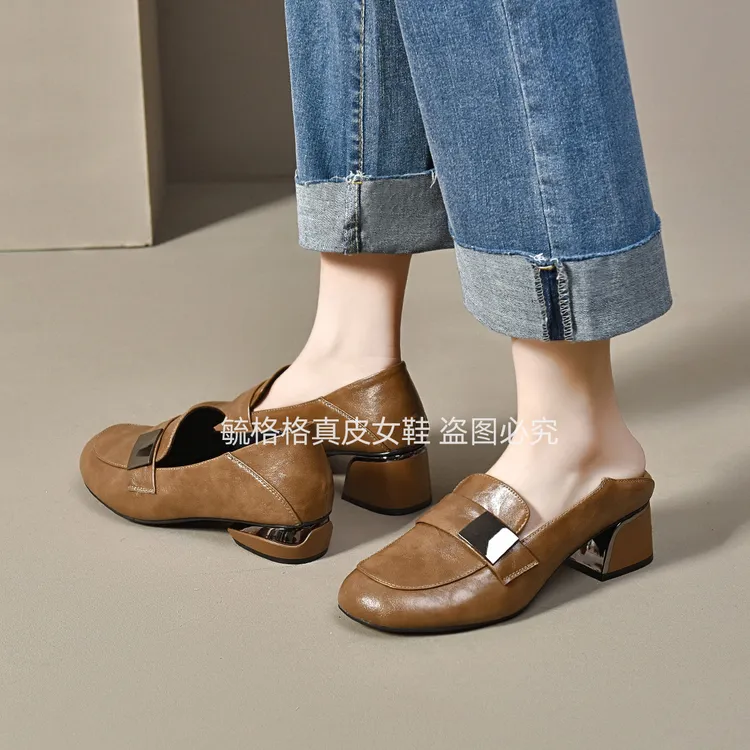 昔子5228春季新款女鞋单鞋粗跟真皮单鞋中跟低跟百搭真小皮鞋豆鞋